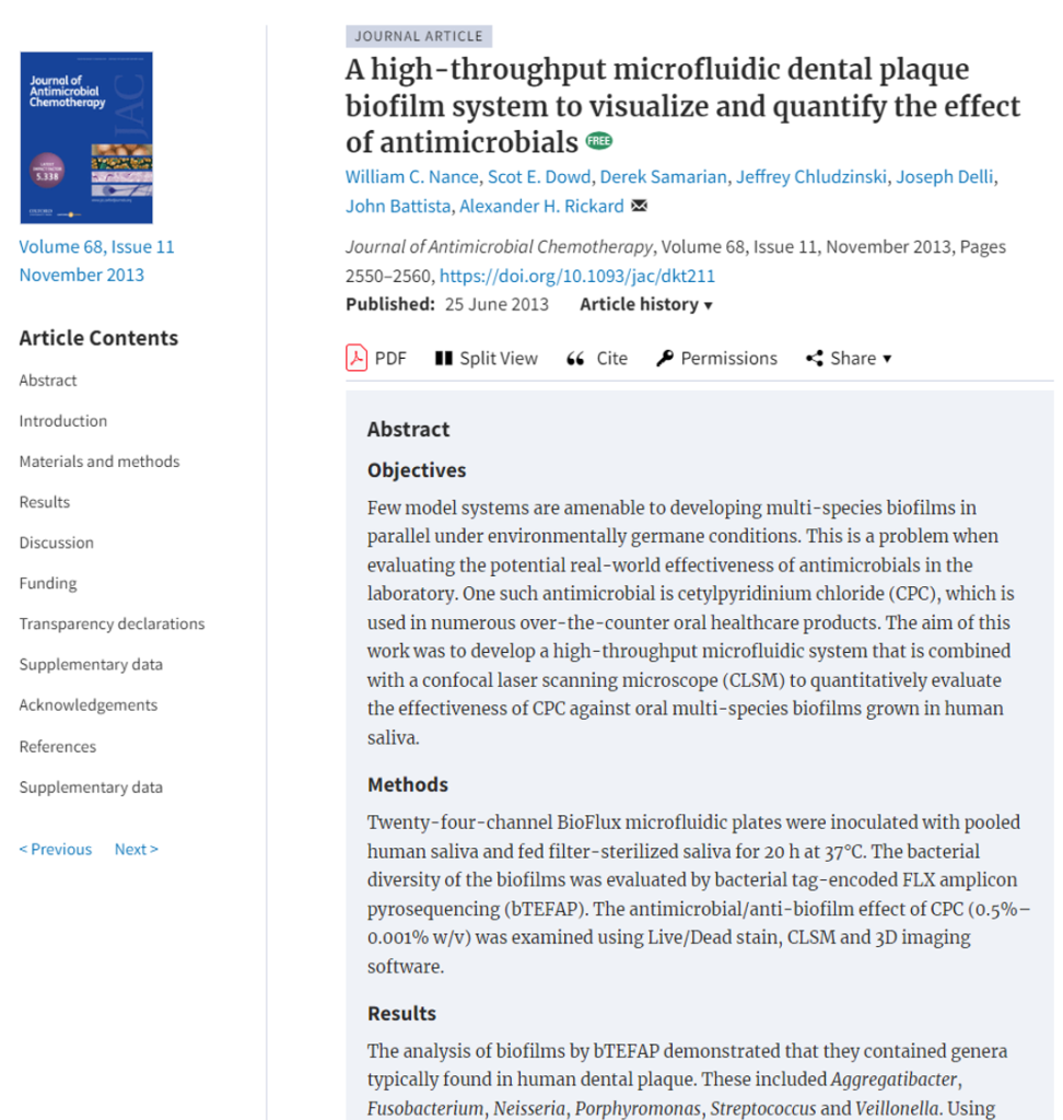 A high throughput microfluidic dental plaque biofilm system to visualize and quantify the effect of antimicrobials